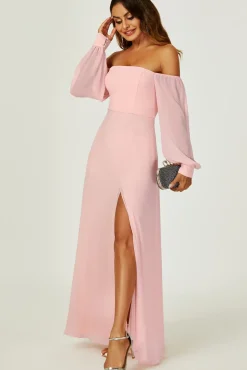 Bardot Long Sleeve Bridesmaid Dresses with High Slit In Pink