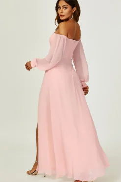 Bardot Long Sleeve Bridesmaid Dresses with High Slit In Pink