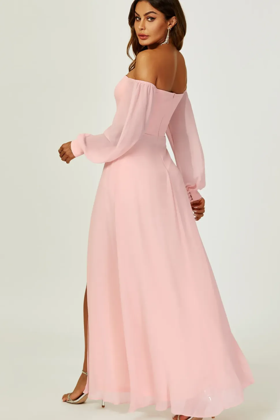 Bardot Long Sleeve Bridesmaid Dresses with High Slit In Pink