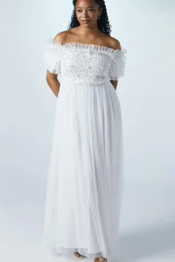 Bardot Mesh And Sequin Ruffle Wedding Dress