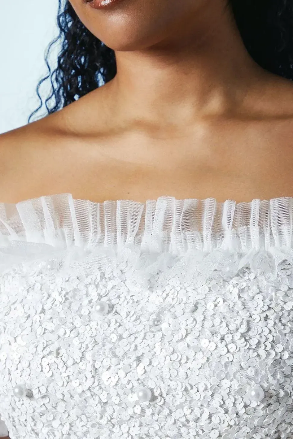 Bardot Mesh And Sequin Ruffle Wedding Dress
