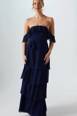 Bardot Tiered Georgette With Tie Detail Bridesmaids Dress