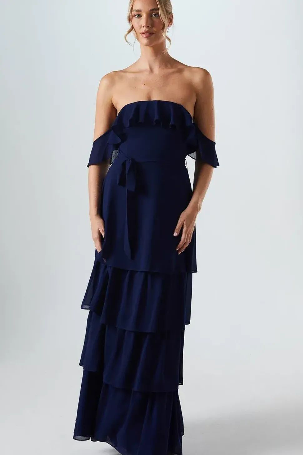 Bardot Tiered Georgette With Tie Detail Bridesmaids Dress
