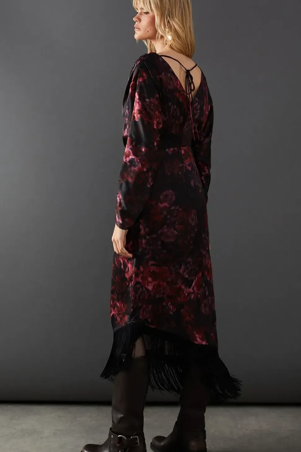 Batwing Asymmetric Midi Dress With Fringe
