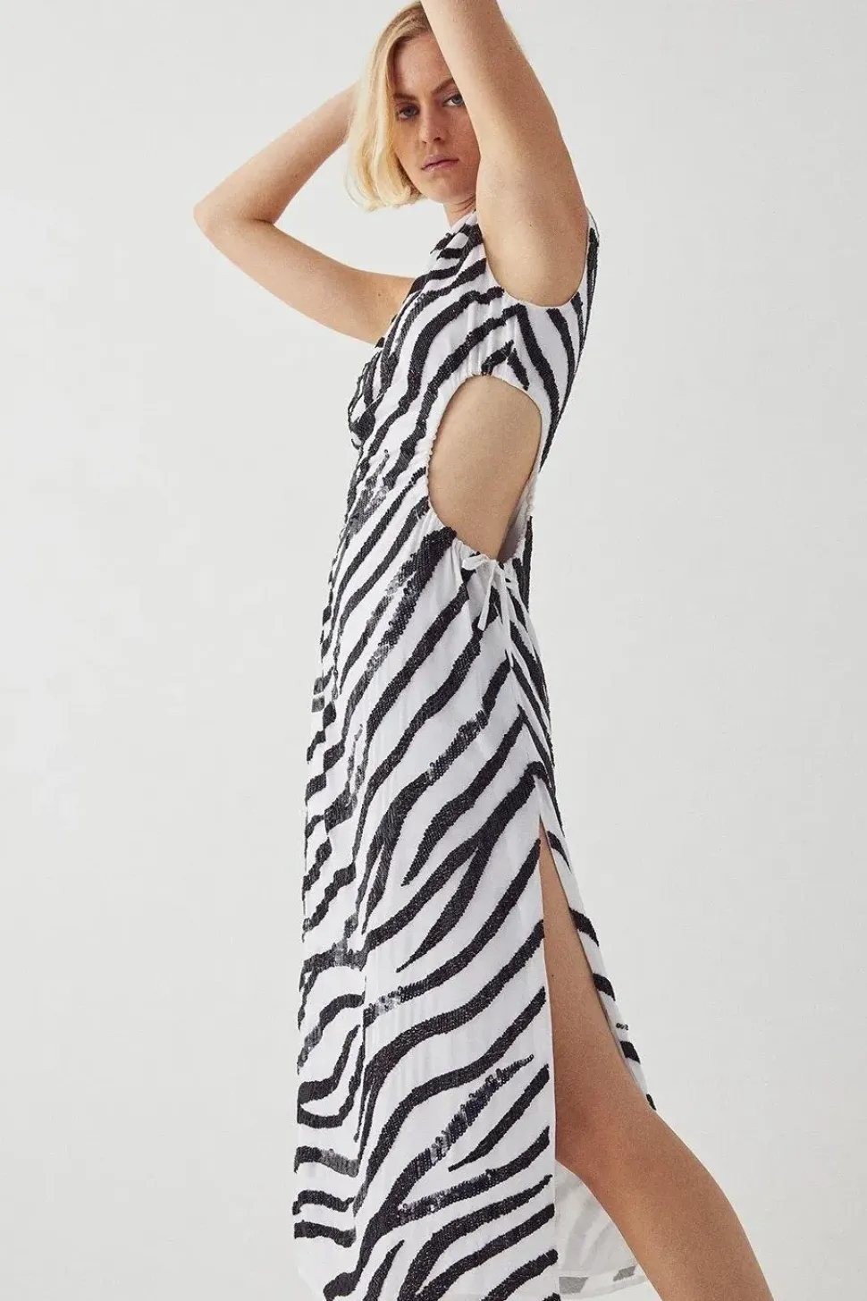 Beaded Zebra Sleeveless Cutout Midi Dress