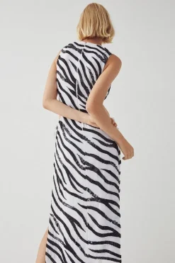 Beaded Zebra Sleeveless Cutout Midi Dress