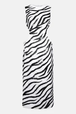 Beaded Zebra Sleeveless Cutout Midi Dress