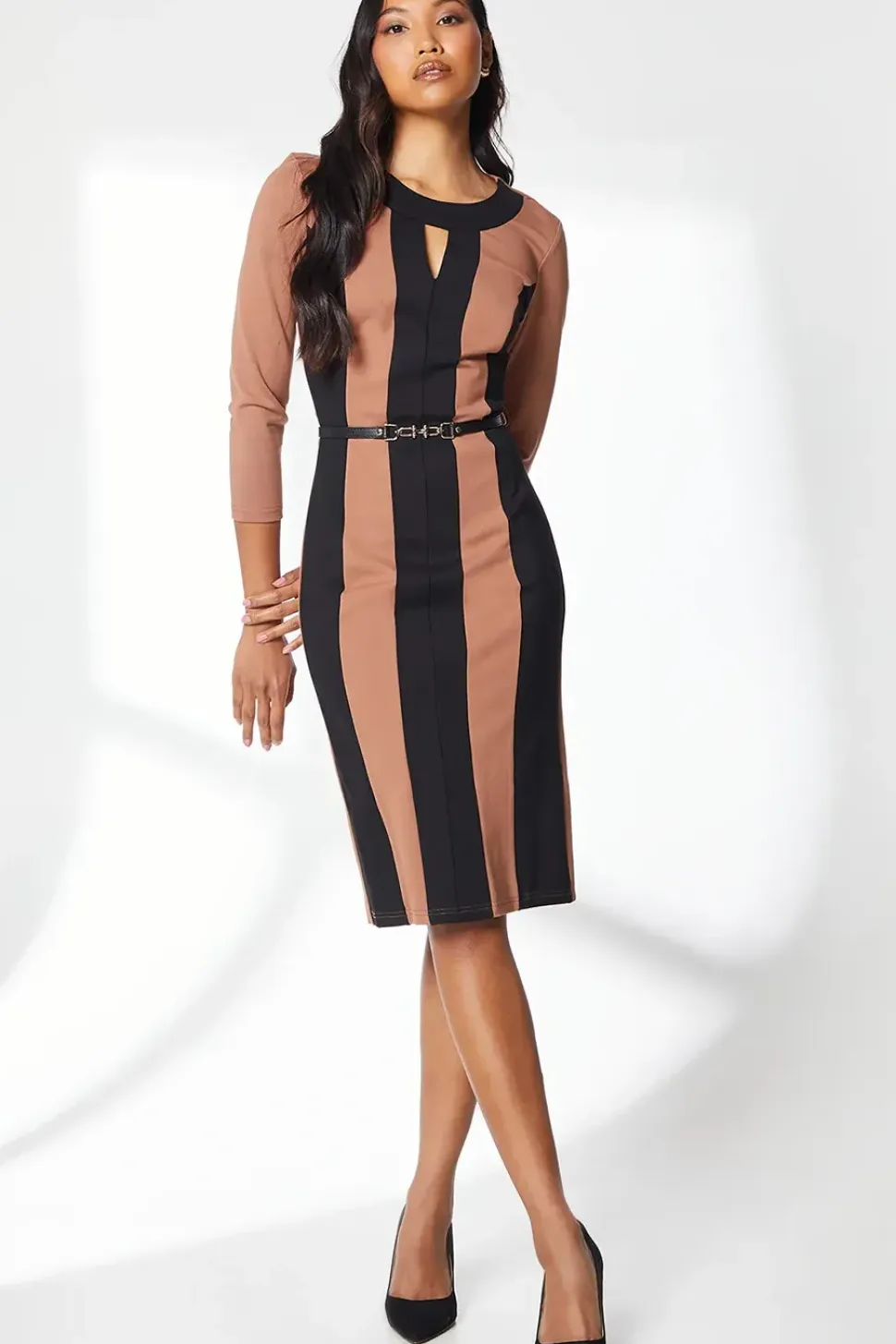 Beige Contrast Detail Ponte Shift Dress
