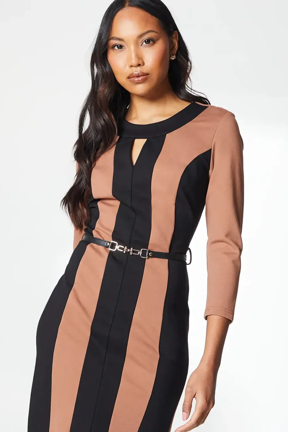 Beige Contrast Detail Ponte Shift Dress