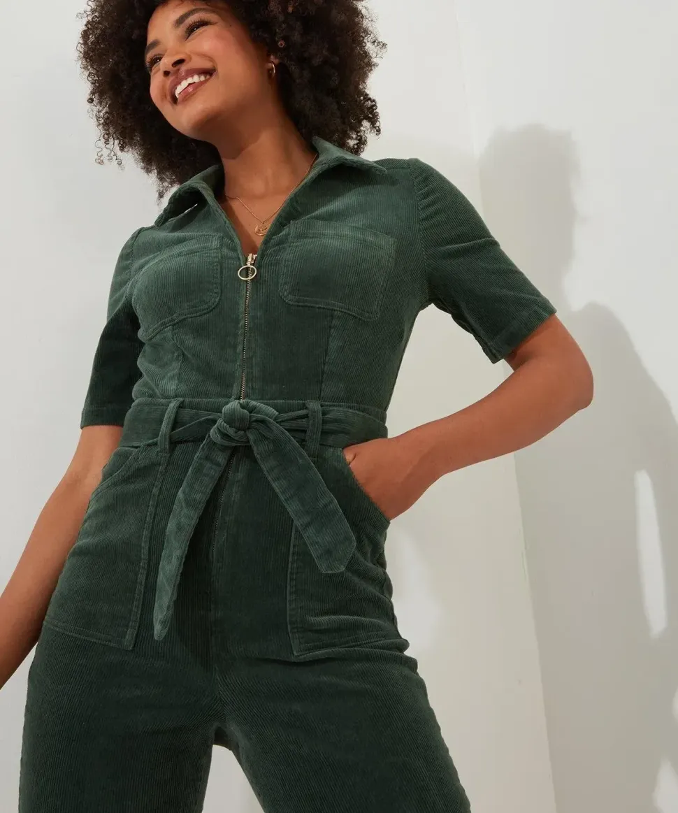 Belted Bootcut Cord Jumpsuit