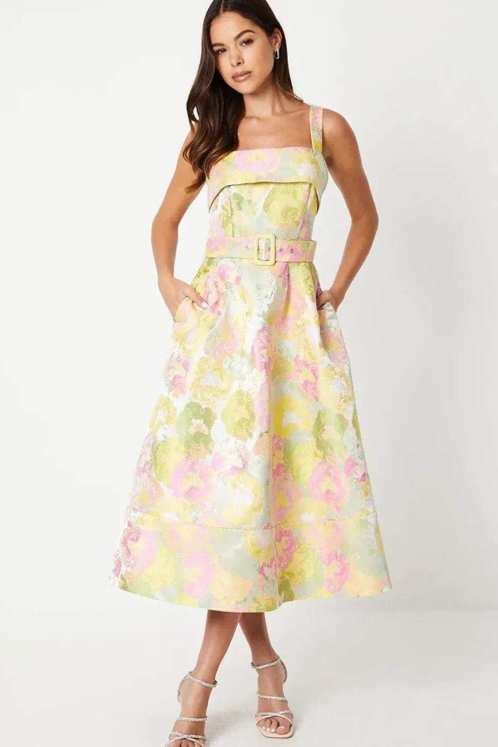 Belted Cami Top Jacquard Midi Dress