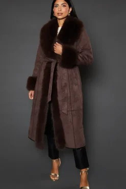 Belted Faux Fur Suedette Coat