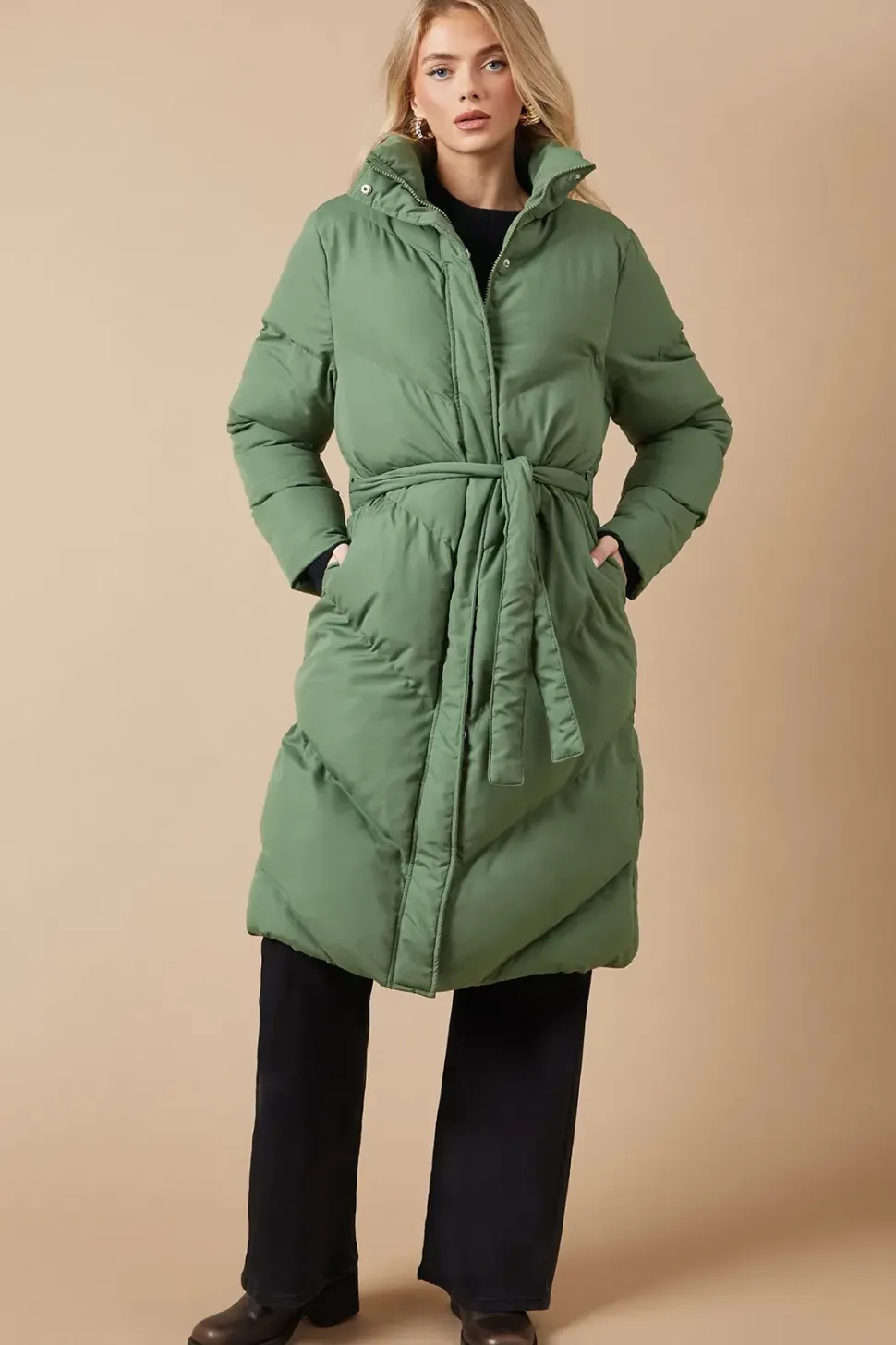 Belted Midi Padded Funnel Neck Coat