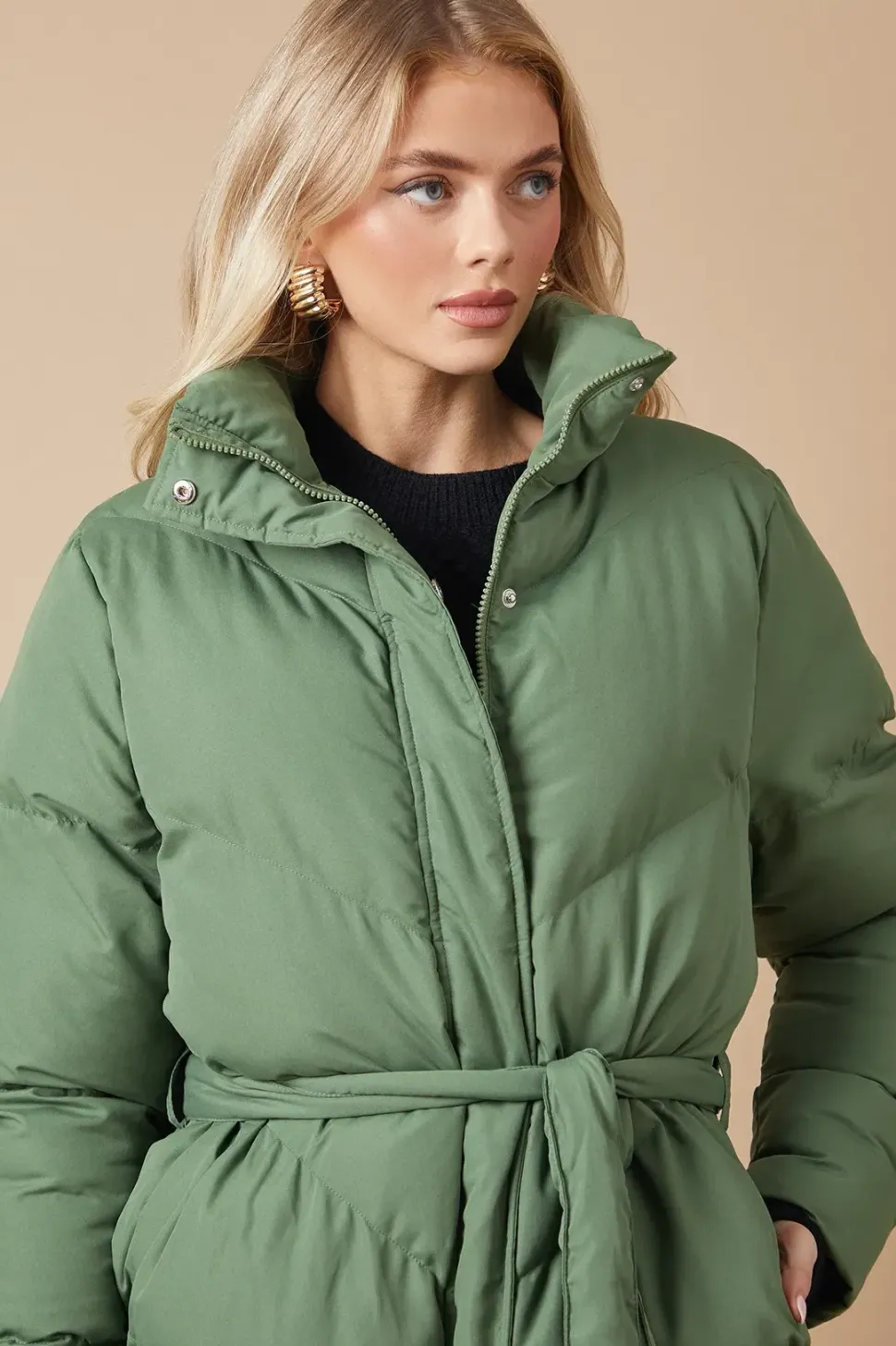 Belted Midi Padded Funnel Neck Coat