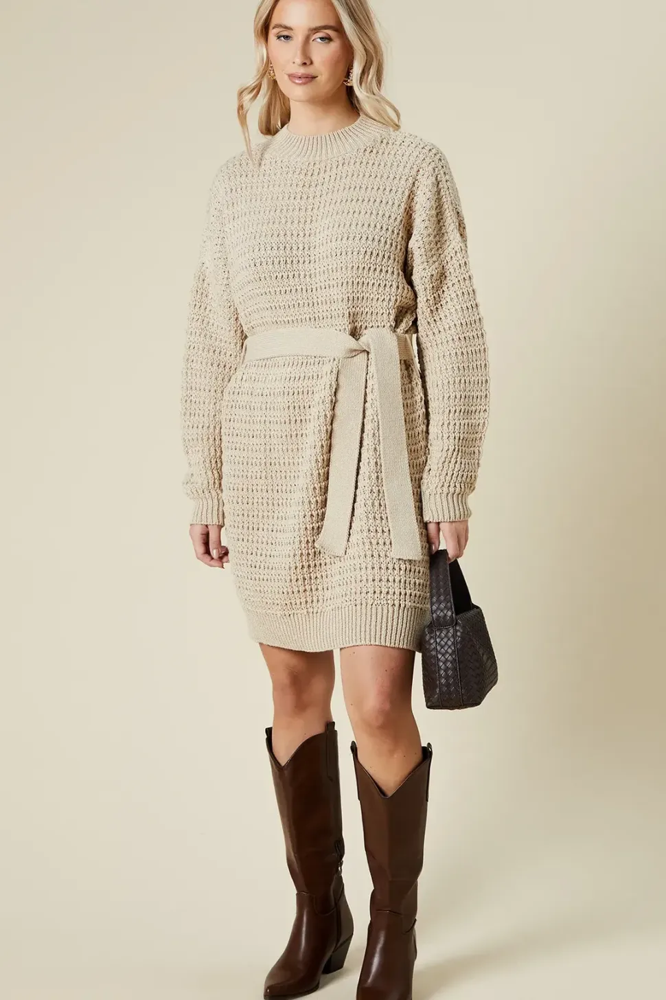 Belted Pointelle Jumper Dress