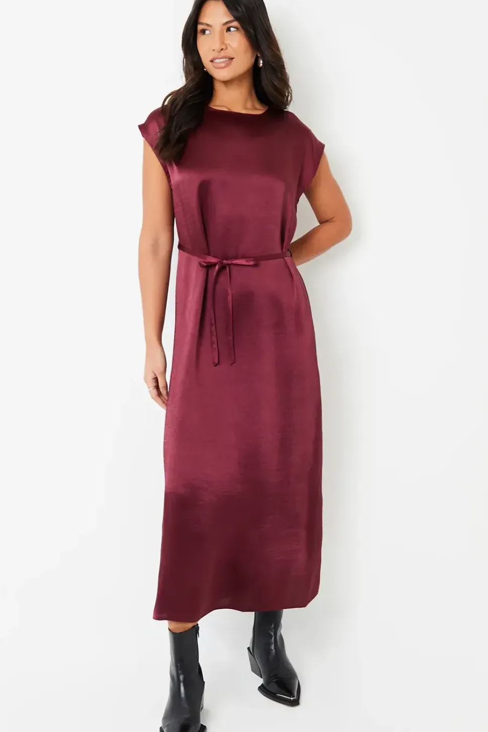 Belted Satin Column Maxi Dress