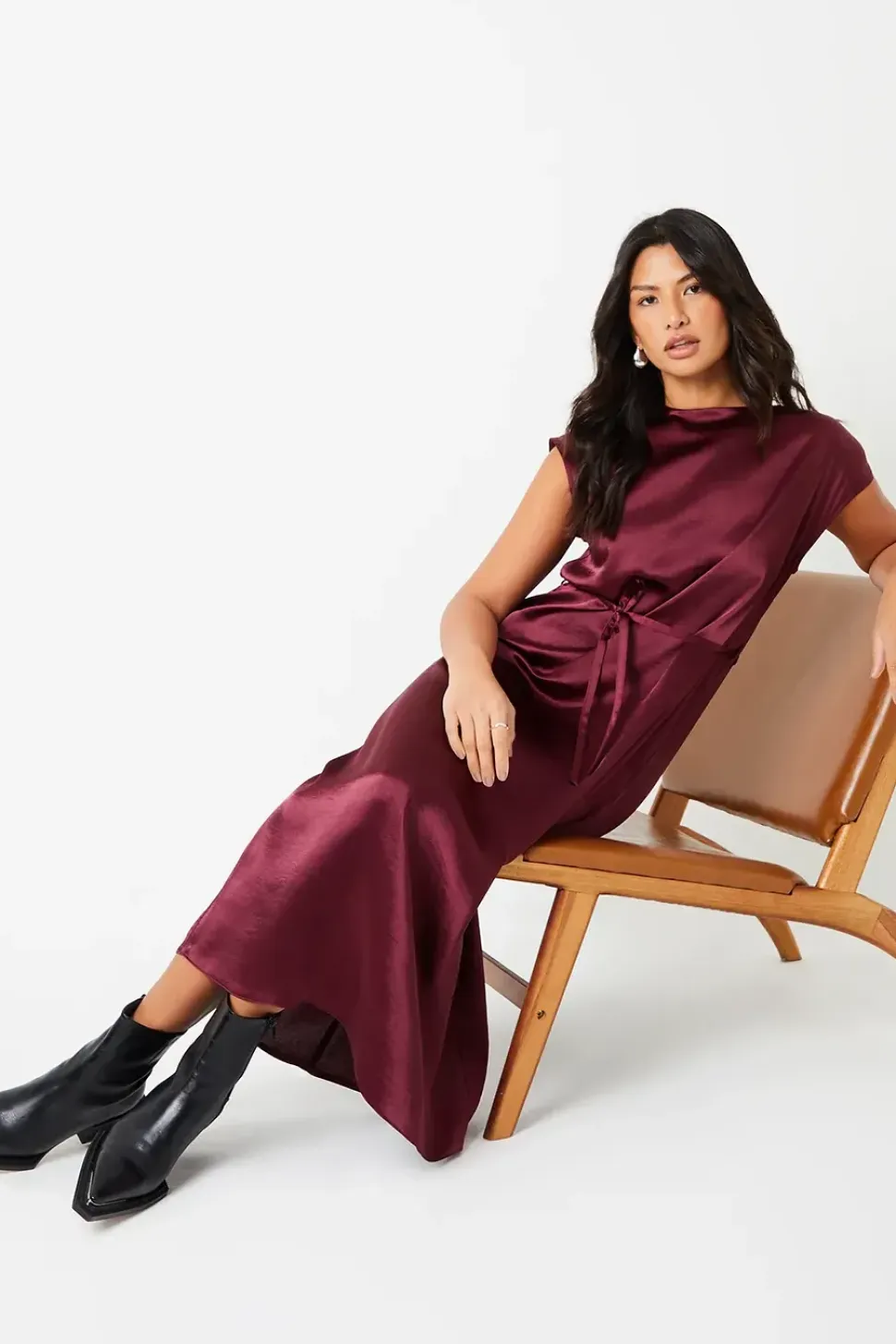 Belted Satin Column Maxi Dress