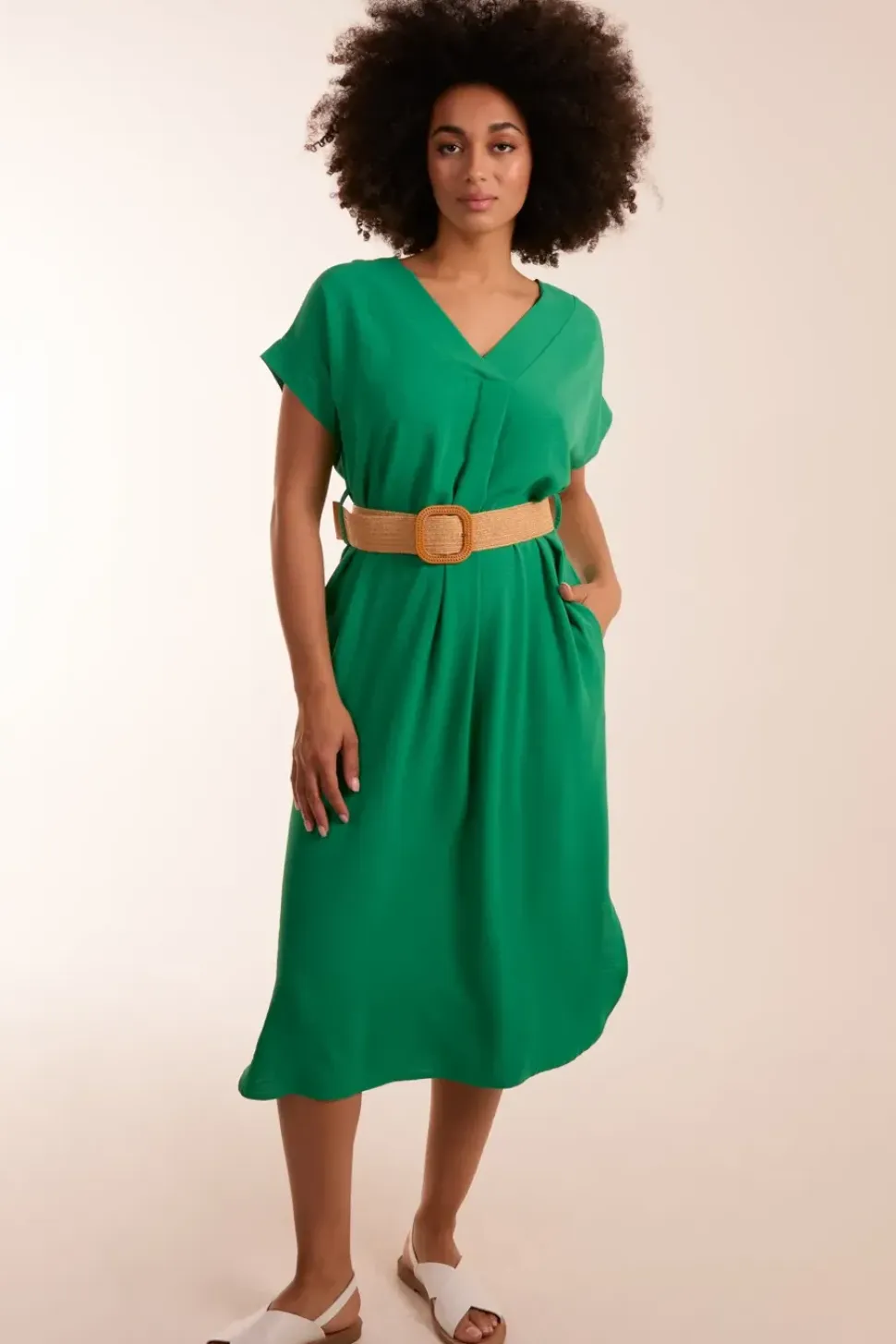 Belted V Neck Midi Dress