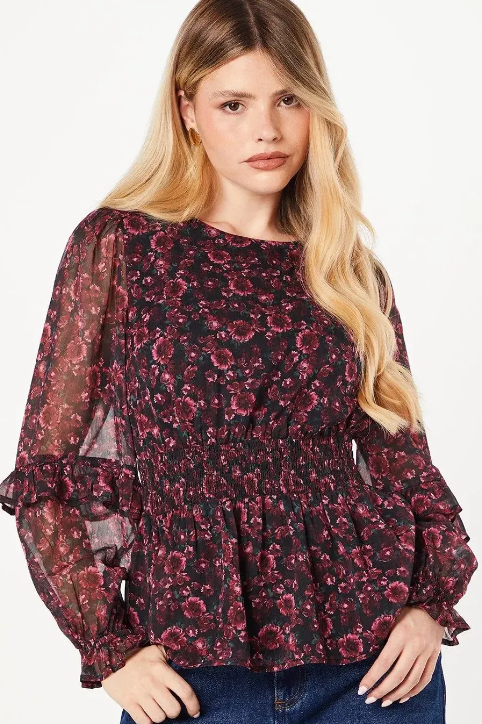 Berry Disty Ruffle Long Sleeve Chiffon Blouse