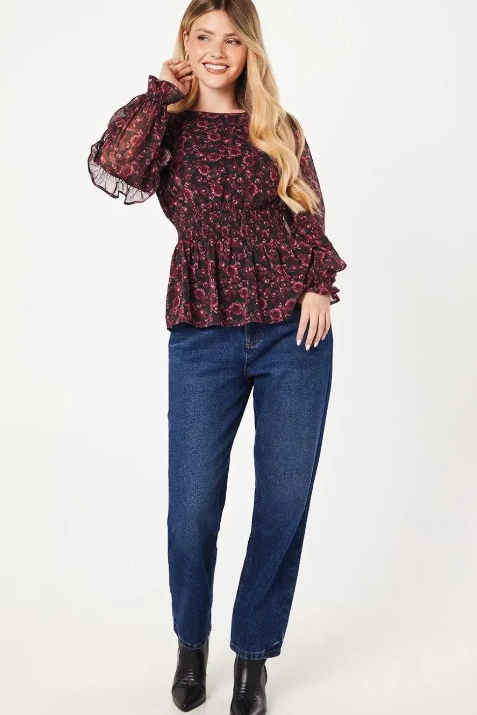 Berry Disty Ruffle Long Sleeve Chiffon Blouse