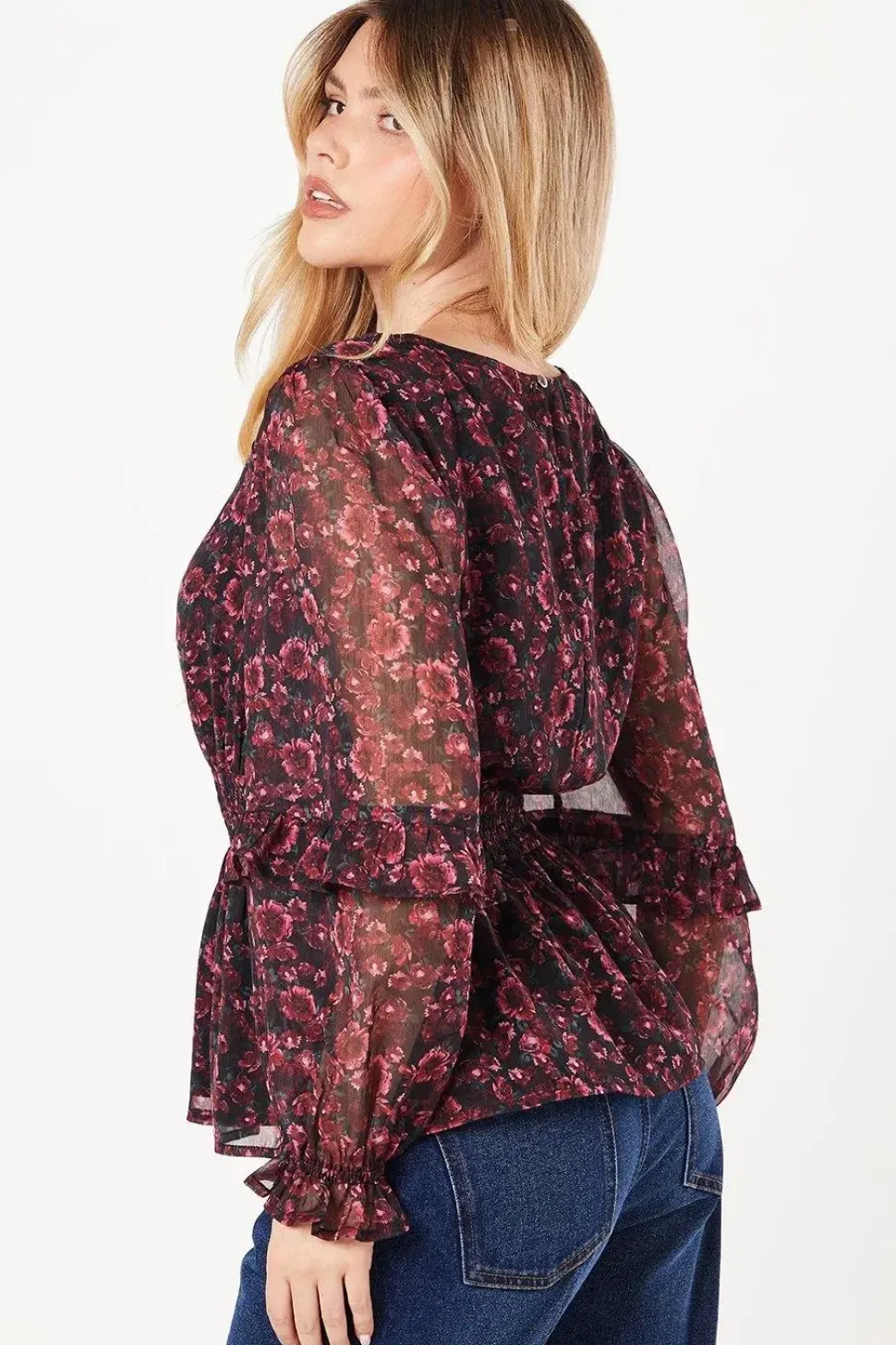 Berry Disty Ruffle Long Sleeve Chiffon Blouse