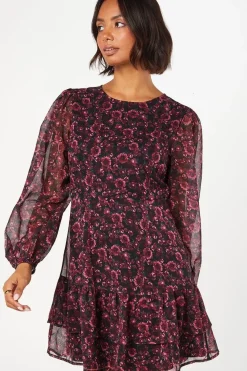 Berry Ditsy Ruffle Hem Chiffon Mini Dress