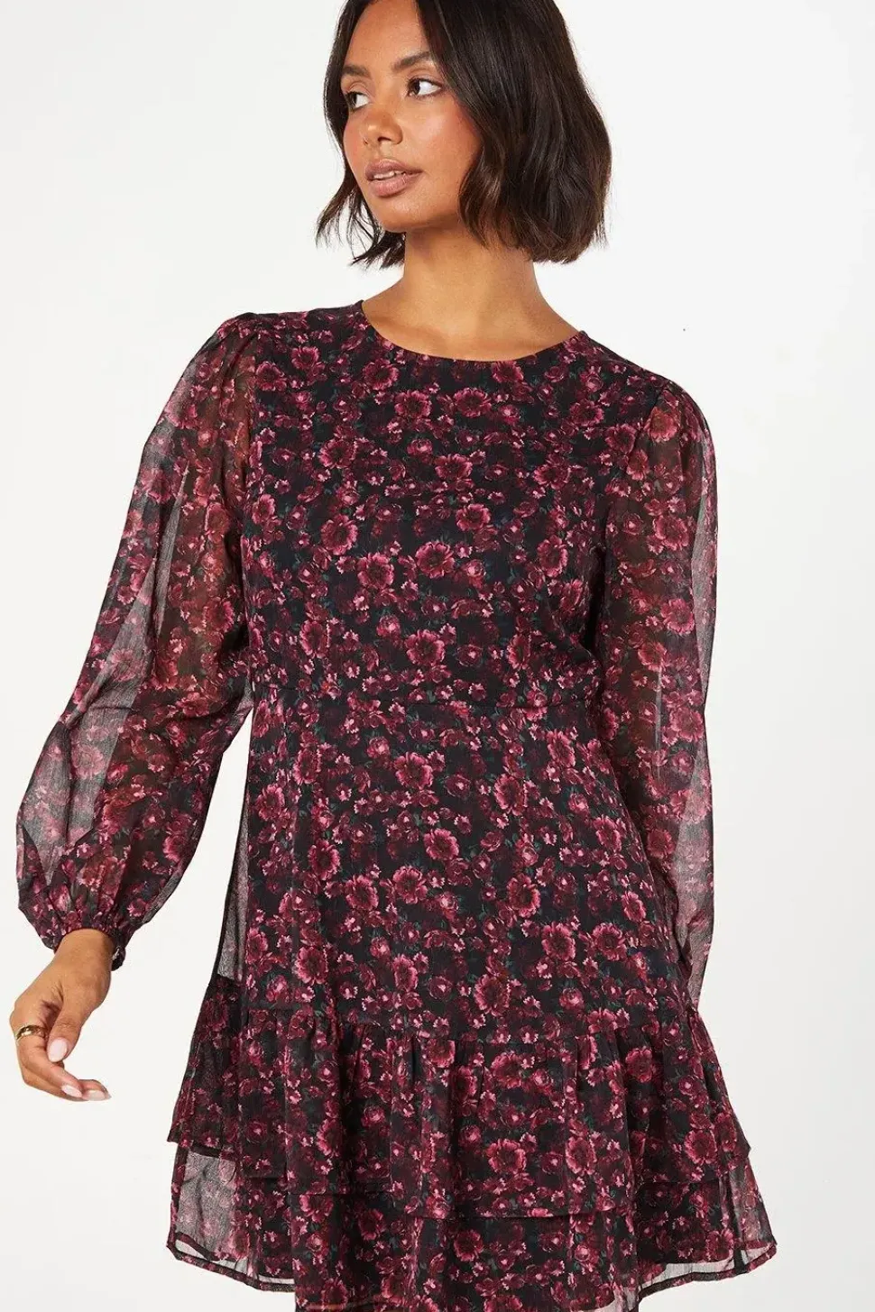 Berry Ditsy Ruffle Hem Chiffon Mini Dress