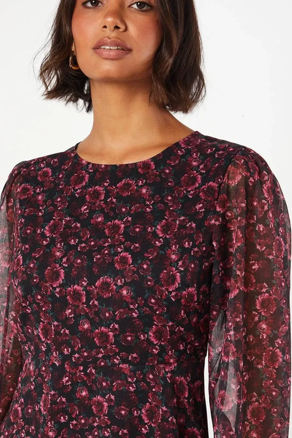 Berry Ditsy Ruffle Hem Chiffon Mini Dress