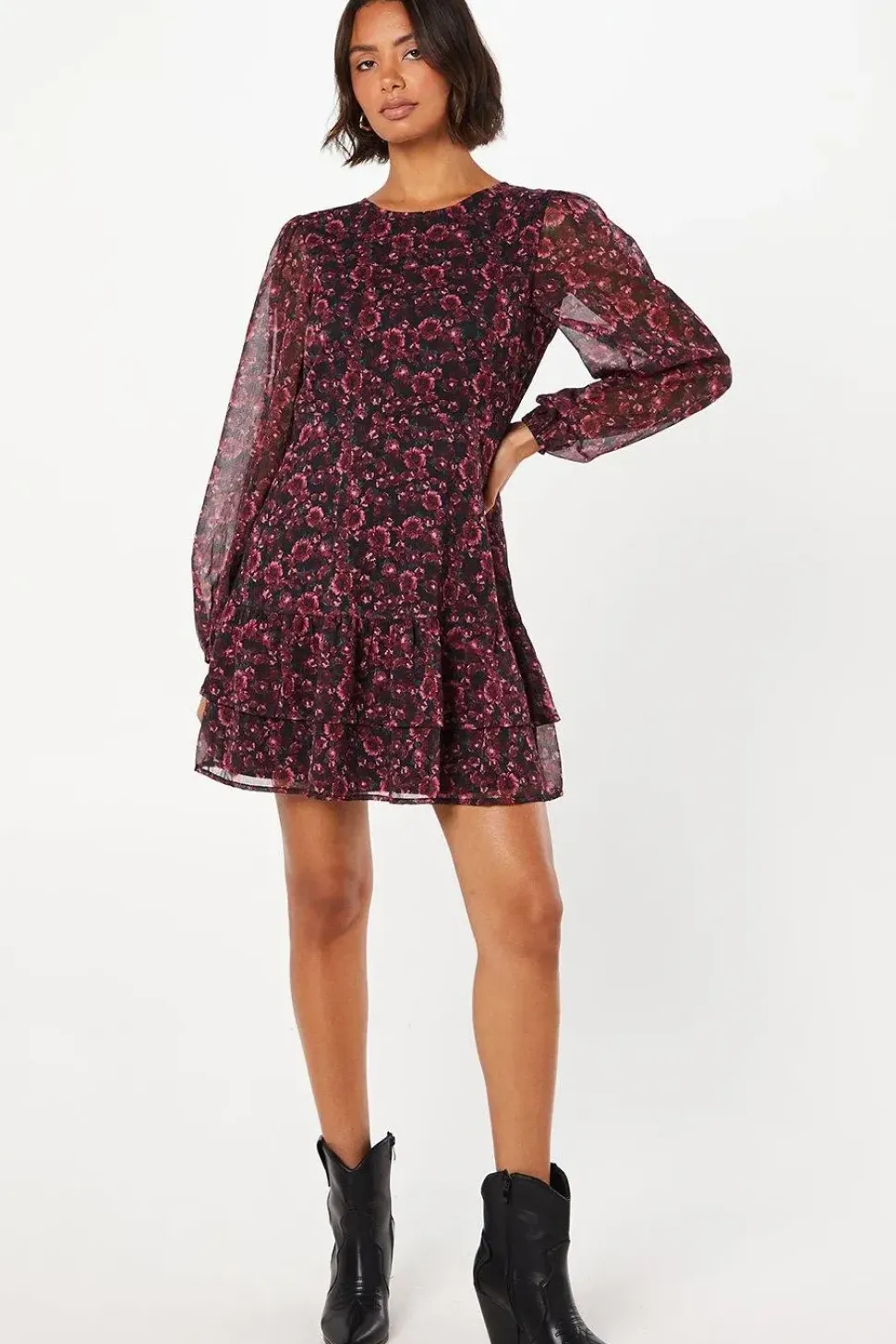 Berry Ditsy Ruffle Hem Chiffon Mini Dress