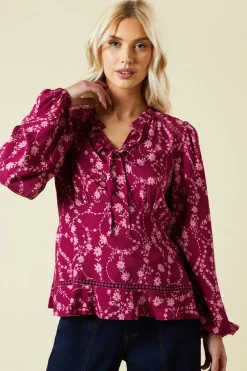Berry Floral Lace Trim Overhead Blouse
