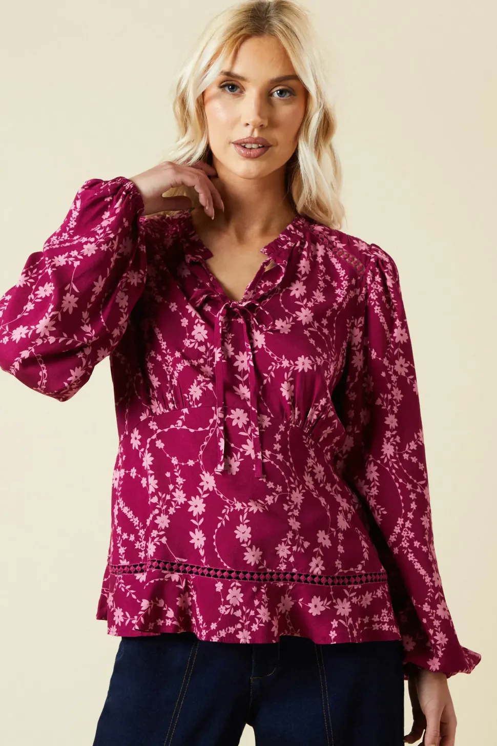 Berry Floral Lace Trim Overhead Blouse