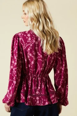 Berry Floral Lace Trim Overhead Blouse
