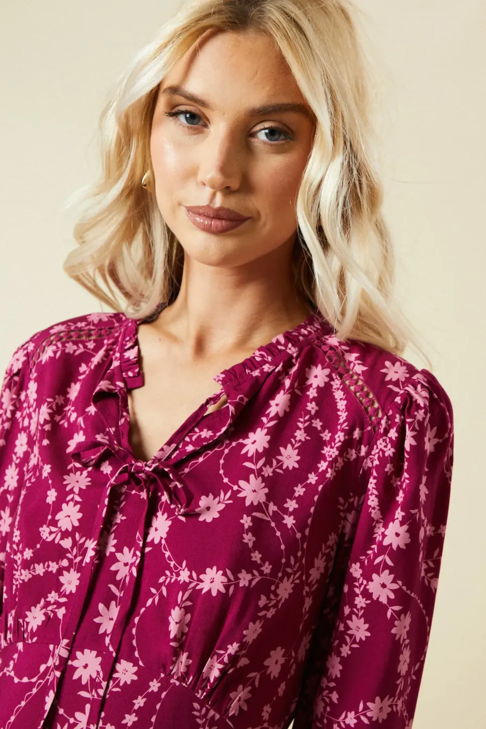 Berry Floral Lace Trim Overhead Blouse