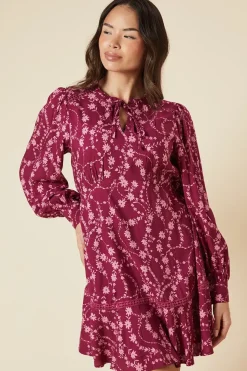 Berry Floral Lace Yoke Mini Dress