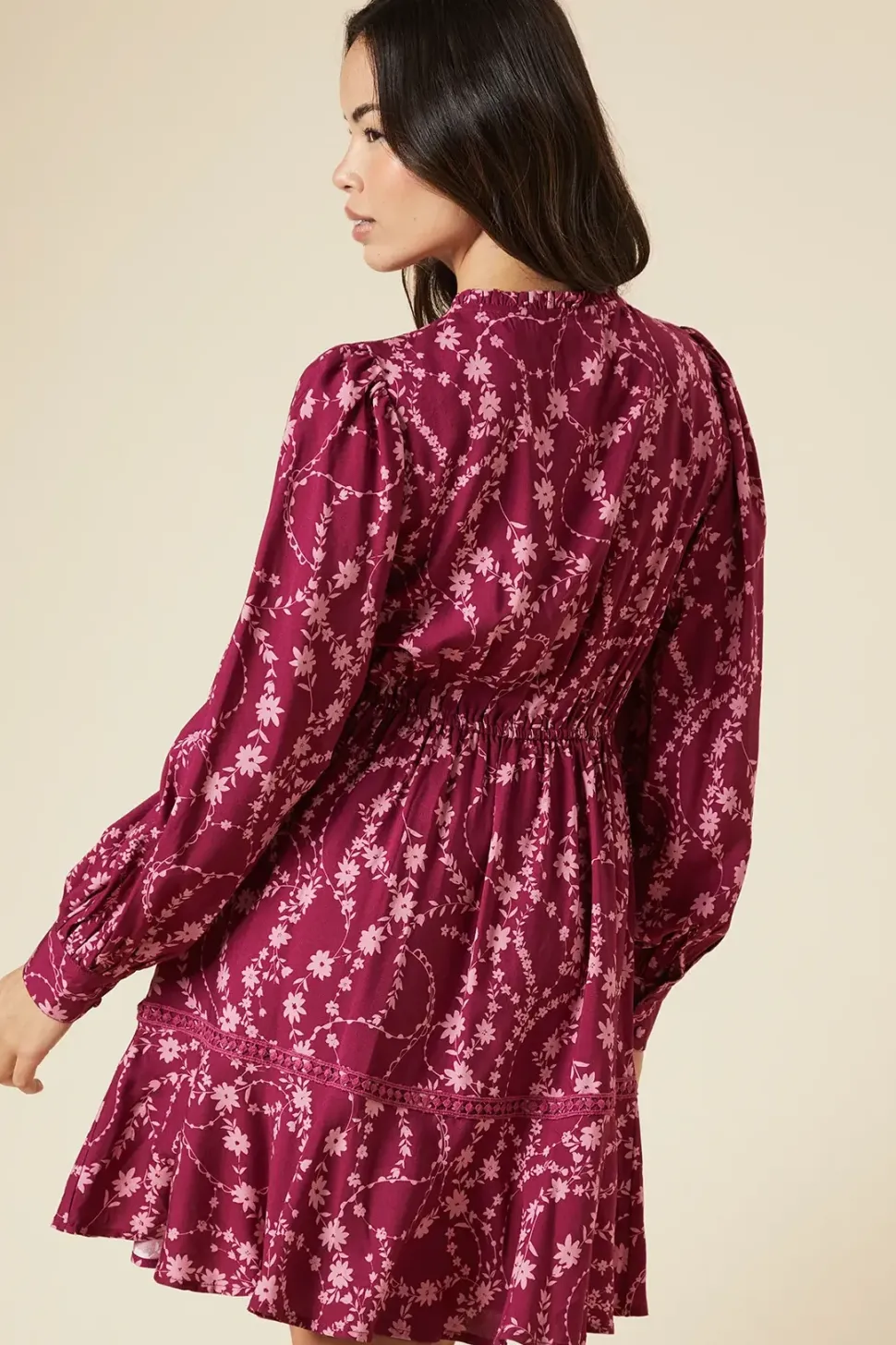 Berry Floral Lace Yoke Mini Dress