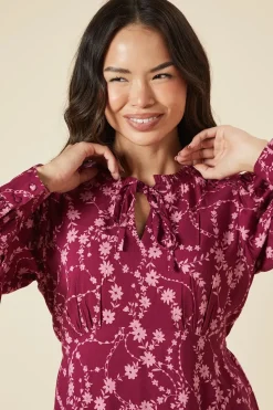 Berry Floral Lace Yoke Mini Dress