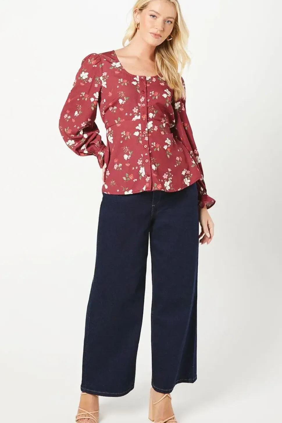 Berry Floral Scoop Neck Button Tea Blouse