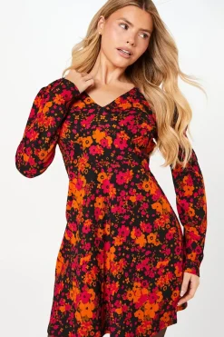 Berry Floral V Neck Empire Mini Dress