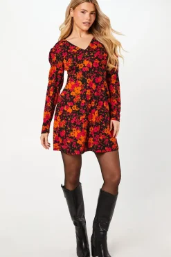 Berry Floral V Neck Empire Mini Dress