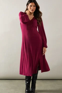 Berry Jersey Lace Trim Midi Dress
