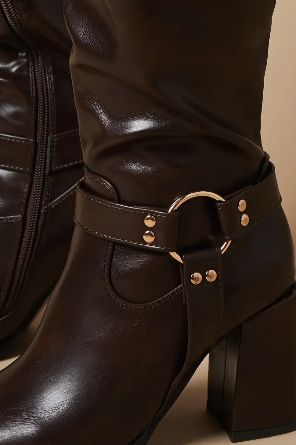 Biker Detail High Block Heel Knee Boot