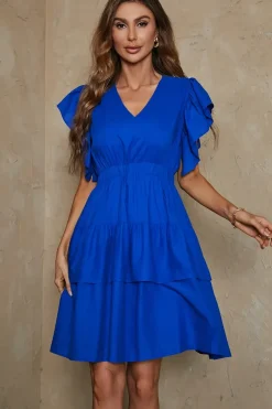 Biodegradable Cotton Frill Hem Detail V Neck Mini Dress