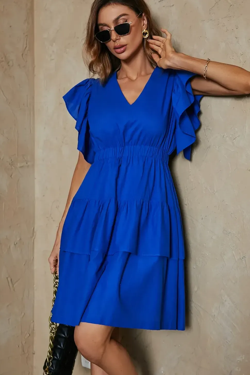 Biodegradable Cotton Frill Hem Detail V Neck Mini Dress