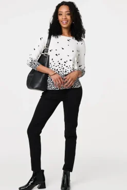 Bird Print 3/4 Sleeve Relaxed Knit Top