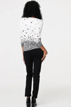 Bird Print 3/4 Sleeve Relaxed Knit Top