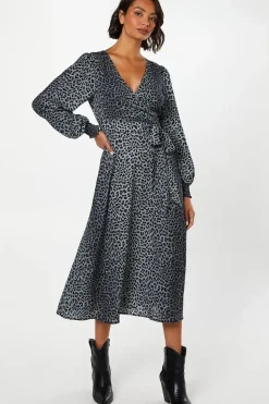 Black Animal Long Sleeve Wrap Midi Dress