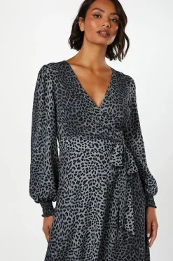 Black Animal Long Sleeve Wrap Midi Dress