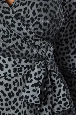 Black Animal Long Sleeve Wrap Midi Dress