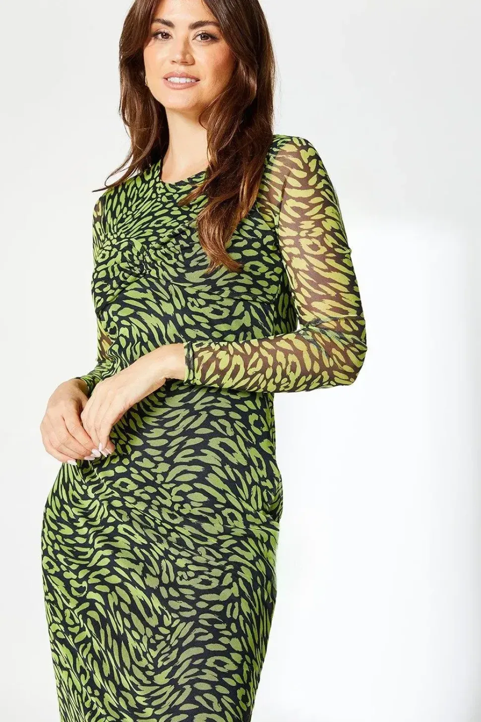 Black Animal Print Twist Detail Mesh Midi Dress