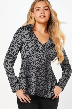 Black Animal Ruffle Neck Long Sleeve Button Front Tea Blouse